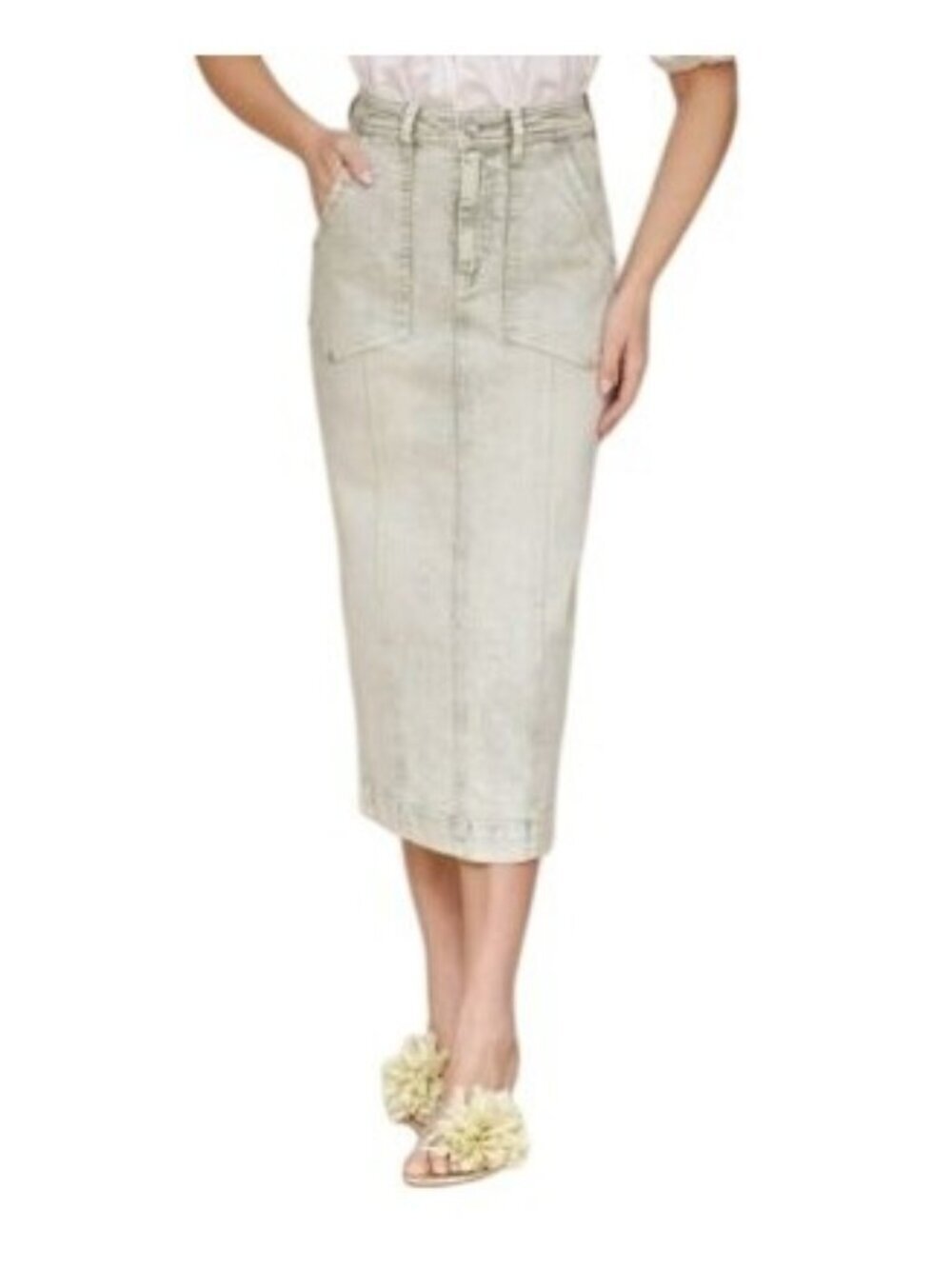 NWT Avec Les Filles Paneled Flare Denim Midi Skirt Spring Sage 10 MSRP $119